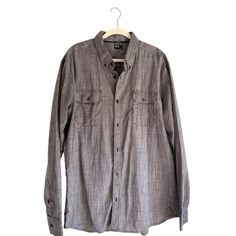 BKE Manchester Slim Fit Button Down Shirt Mens 2XL Grey Black Crosshatch NWT